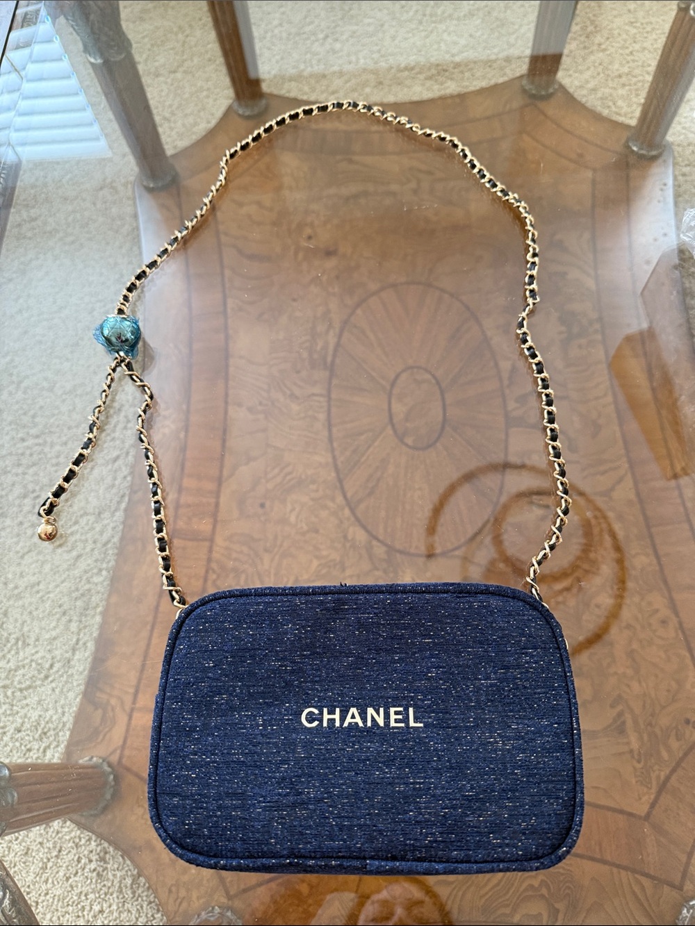 CHANEL Navy Denim Cosmetic Case with Gold Chain